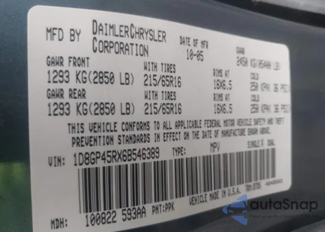 2006 Dodge Caravan Sxt from USA, damaged, VIN 1D8GP45RX6B546389